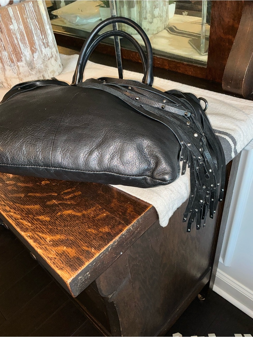 Frye Italian Leather Heidi Studded Fringe Tote Crossbody Black Retail $458 - Picture 9 of 12